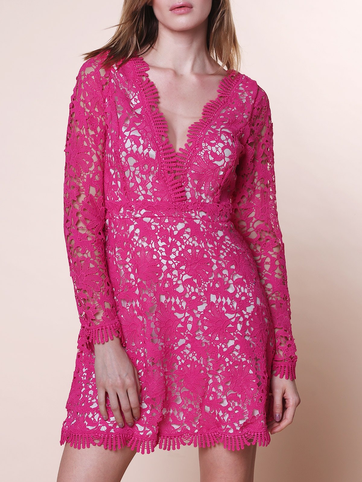 Cut Out Plunging Neck Long Sleeve Lace Dress