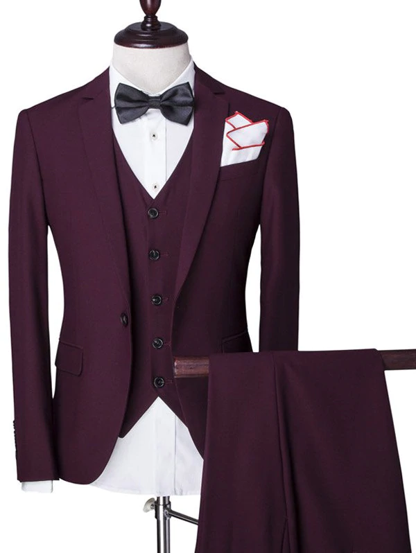 Solid Color Single Breasted Lapel Long Sleeve Men's Three-Piece 