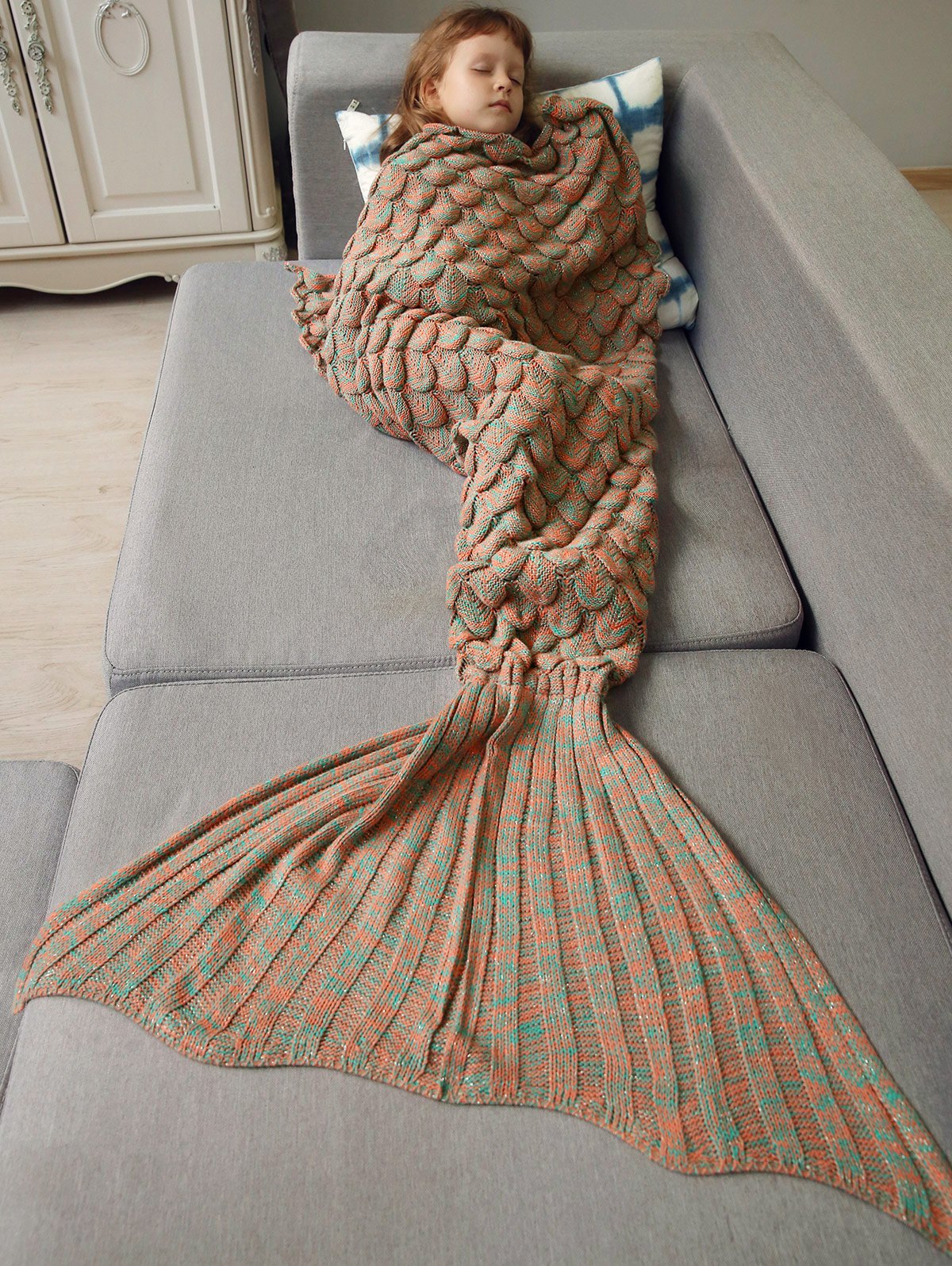 Kids Sleeping Bag Fish Scales Design Knitted Mermaid Blanket