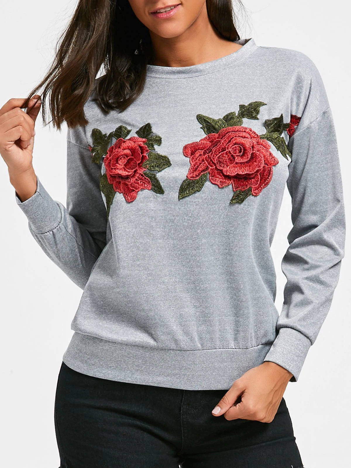 Crew Neck Flower Embroidery Sweatshirt