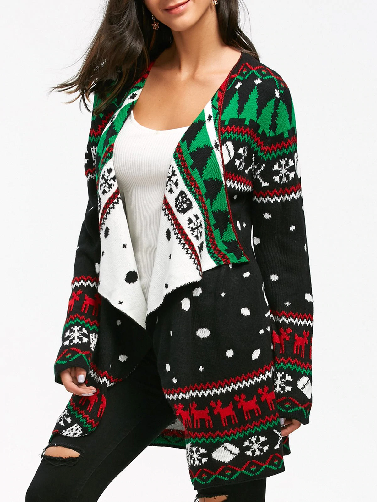 Christmas Graphic Tunic Knitted Draped Cardigan