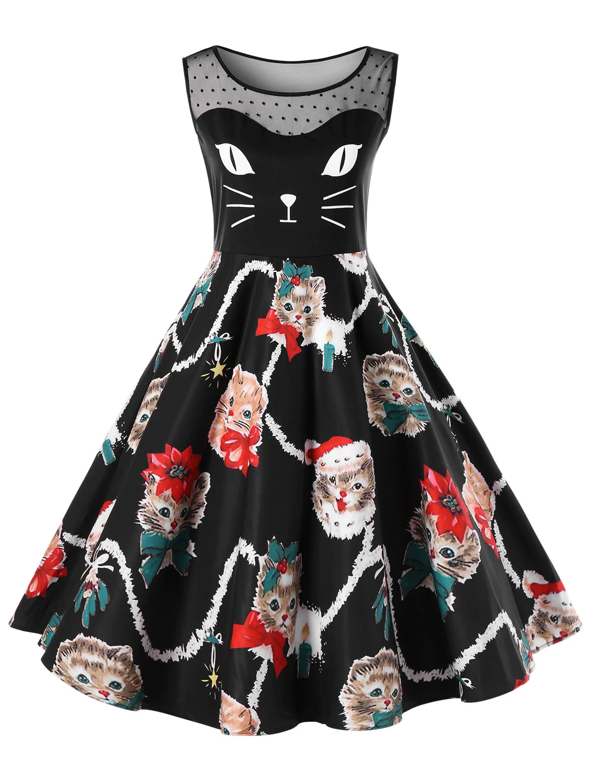 Christmas Plus Size Kitten Print Swing Dress