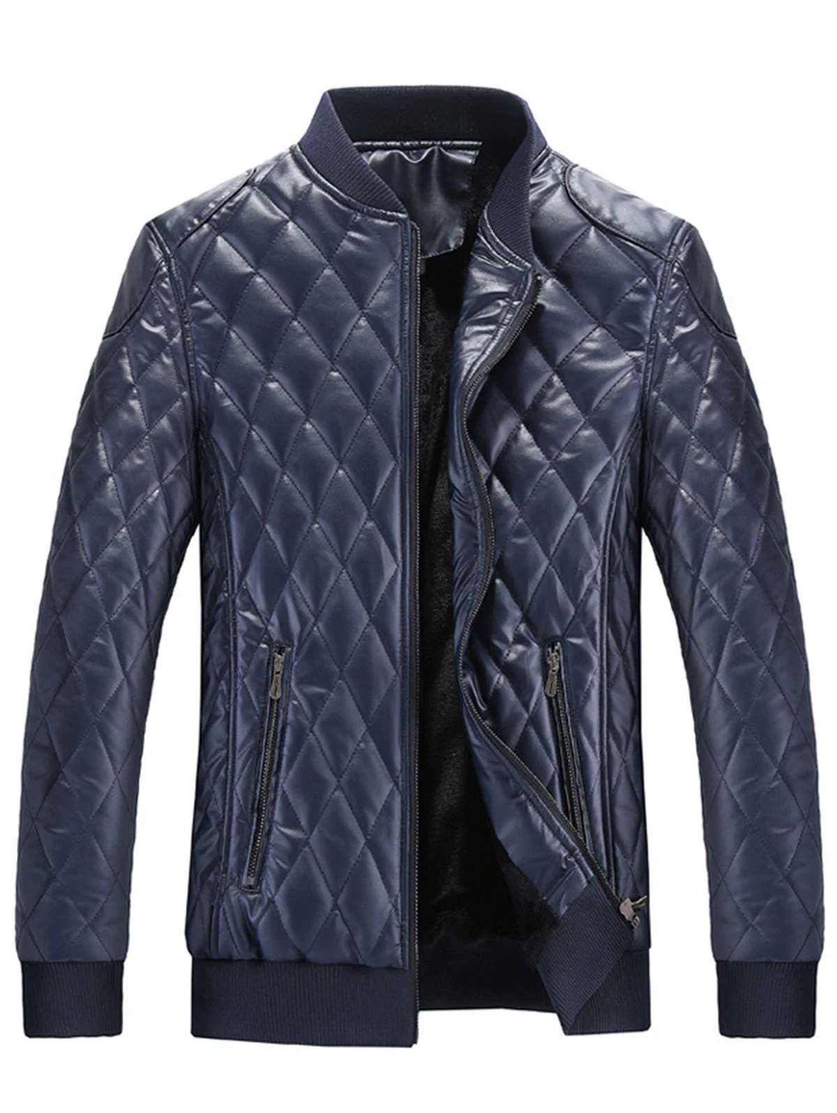 Stand Collar Argyle Artificial Leather Jacket