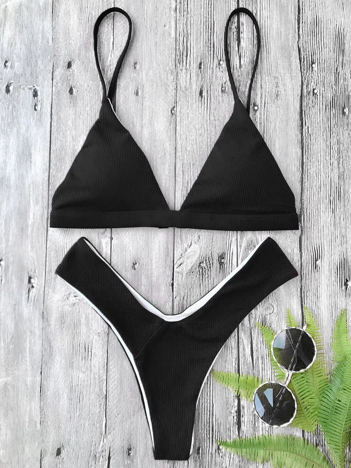 Textured High Cut Padded Plunge Bikini Set