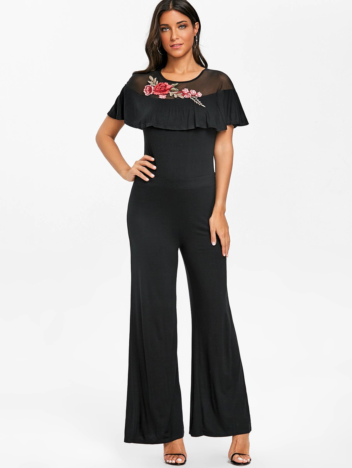 Embroidery Mesh Insert Palazzo Jumpsuit