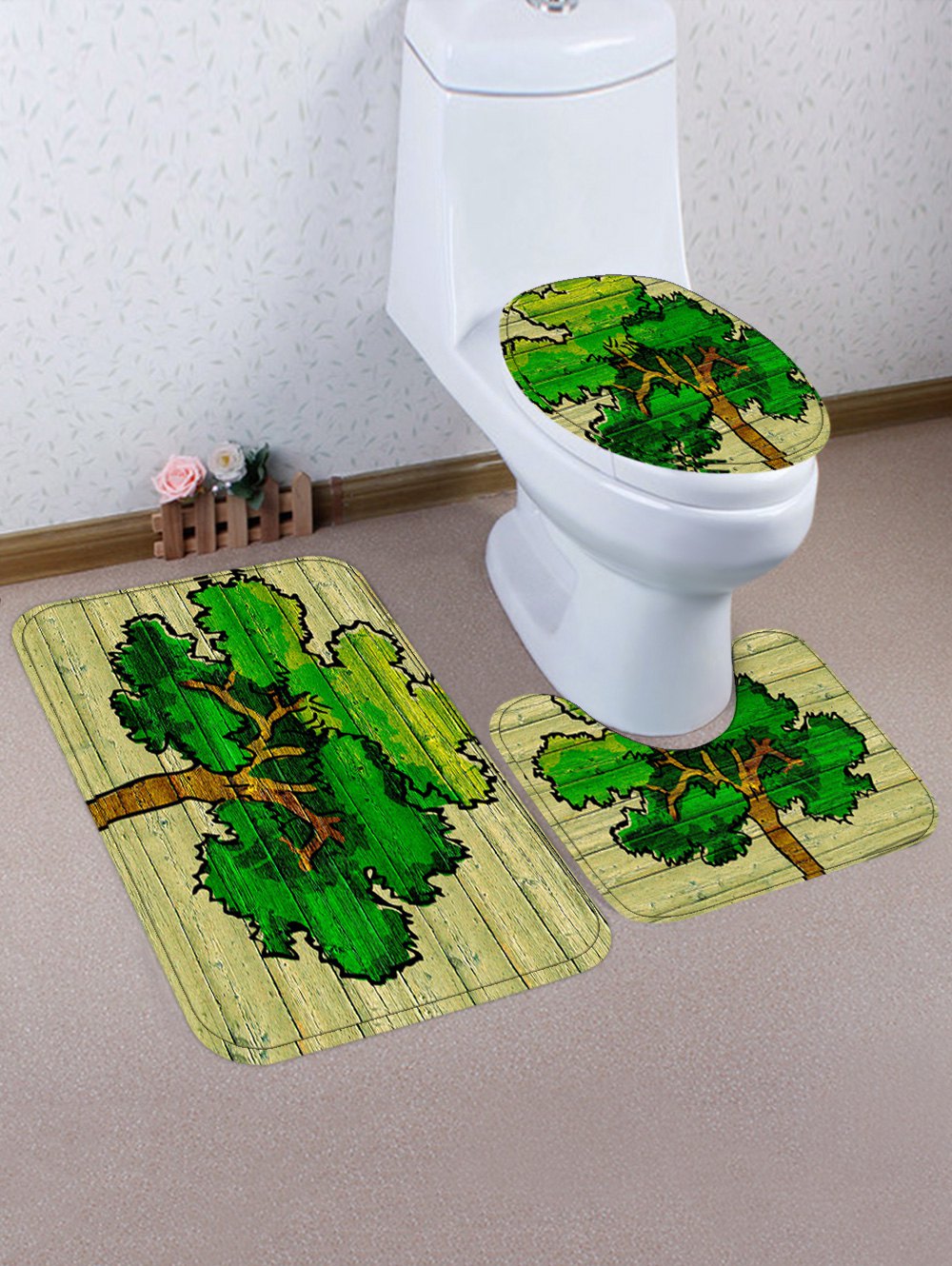 A Big Tree Print Flannel Toilet Rug Set