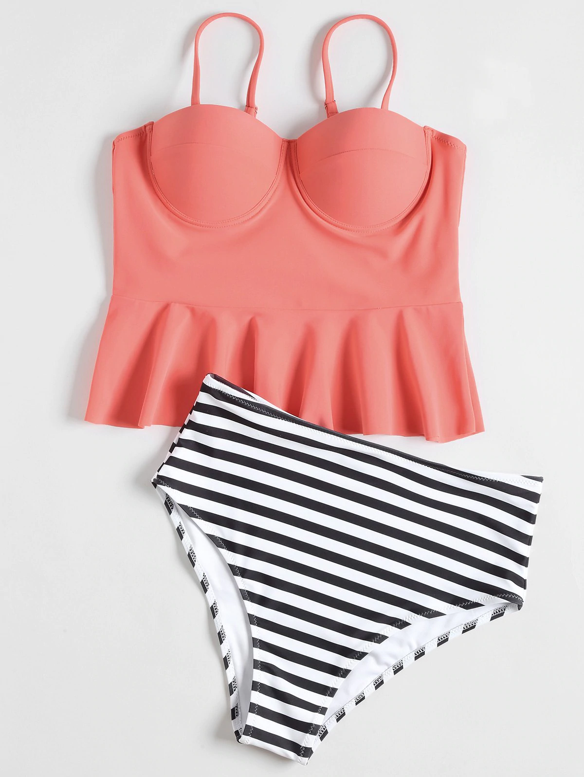 High Waisted Striped Peplum Tankini Set