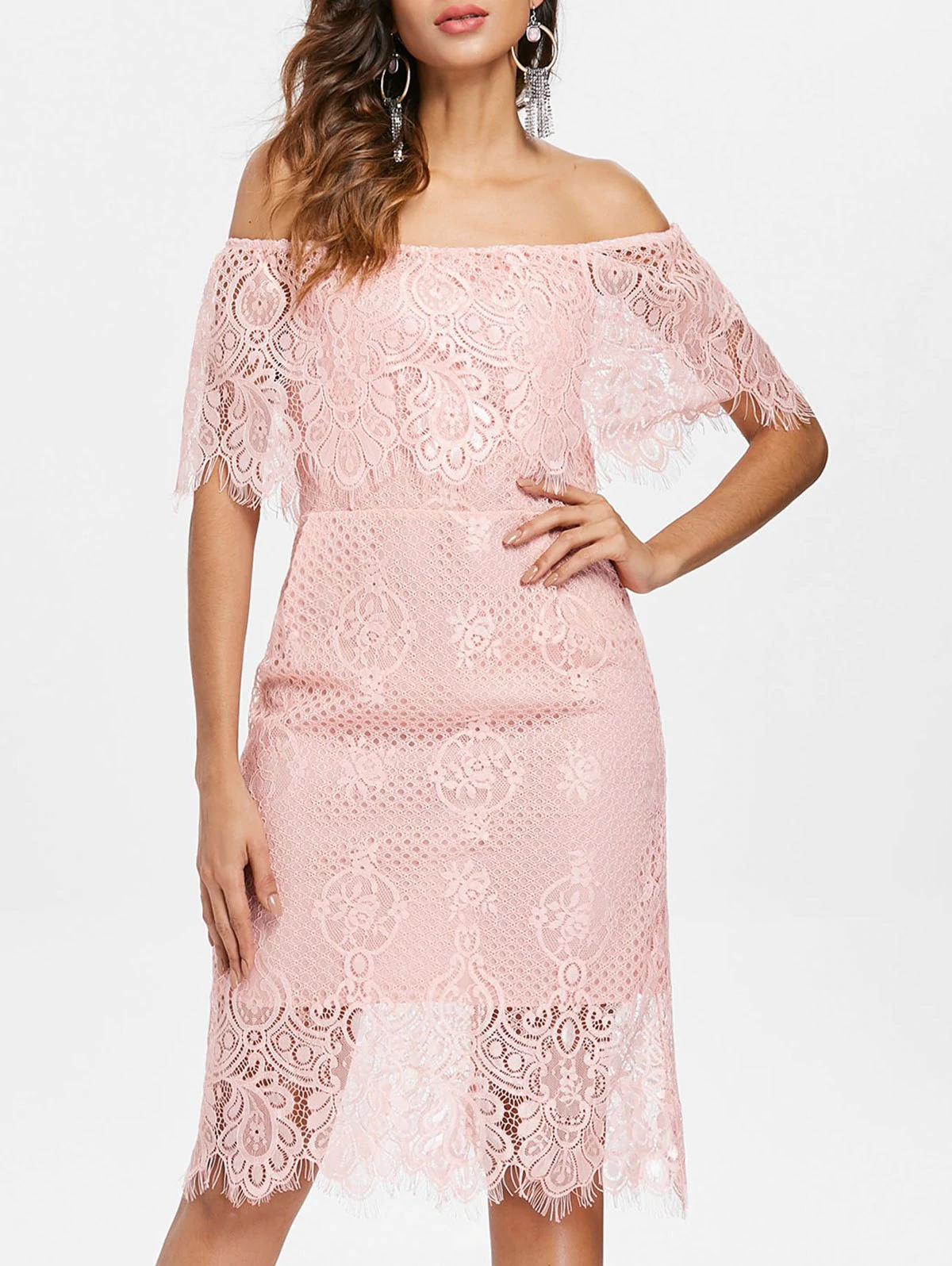 Off Shoulder Ruffled Lace Bodycon Dress