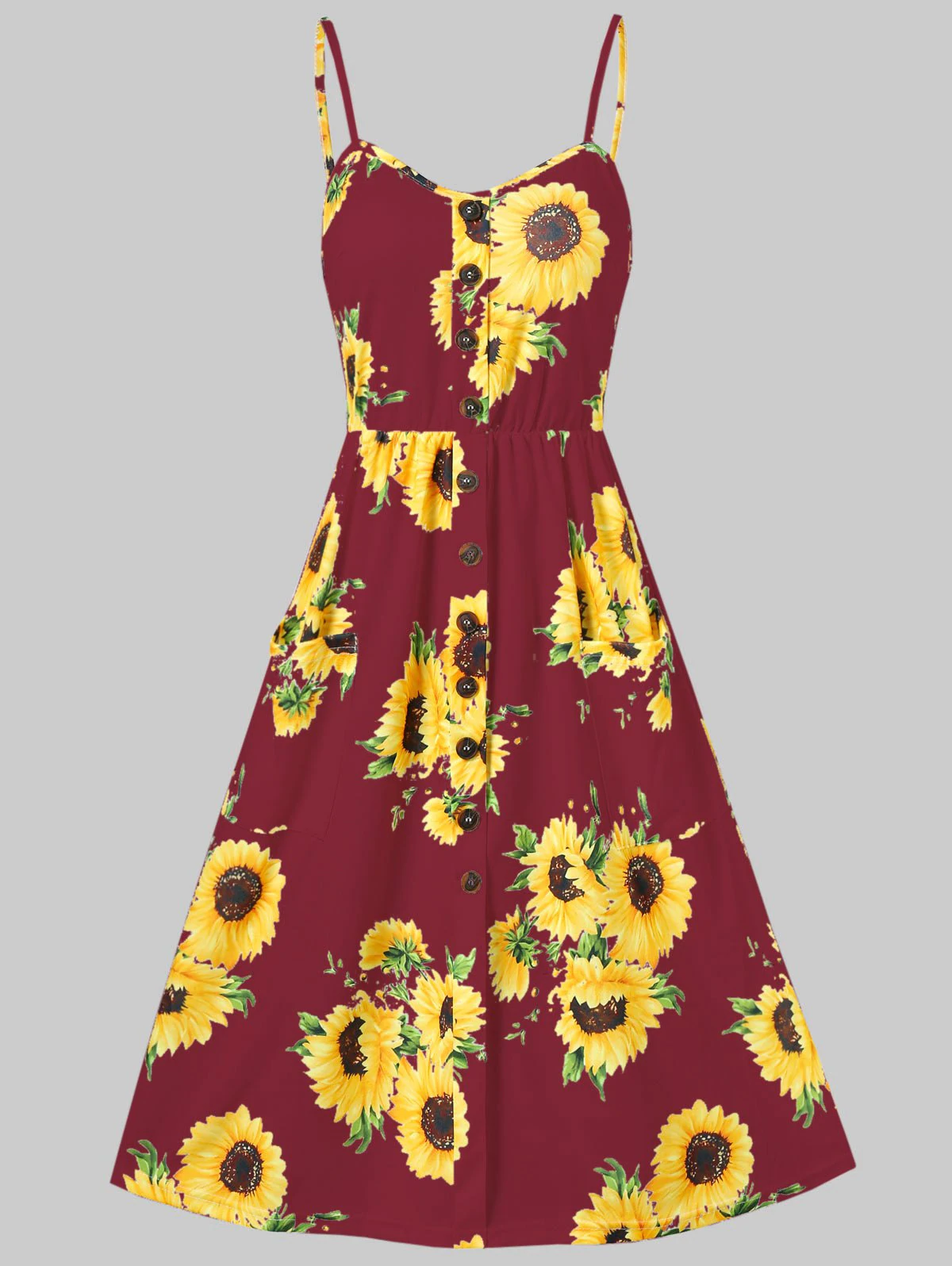 Sunflower Print Button Up A Line Cami Dress