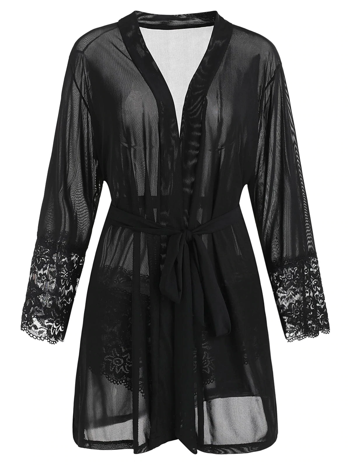 Plus Size Lace Trim Robe with Belt