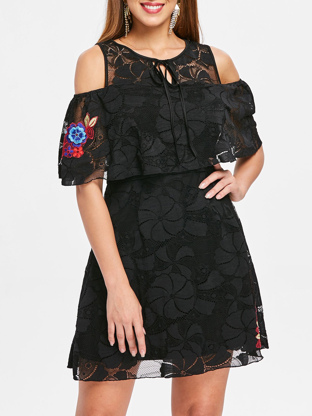 Lace Flounce Open Shoulder Dress