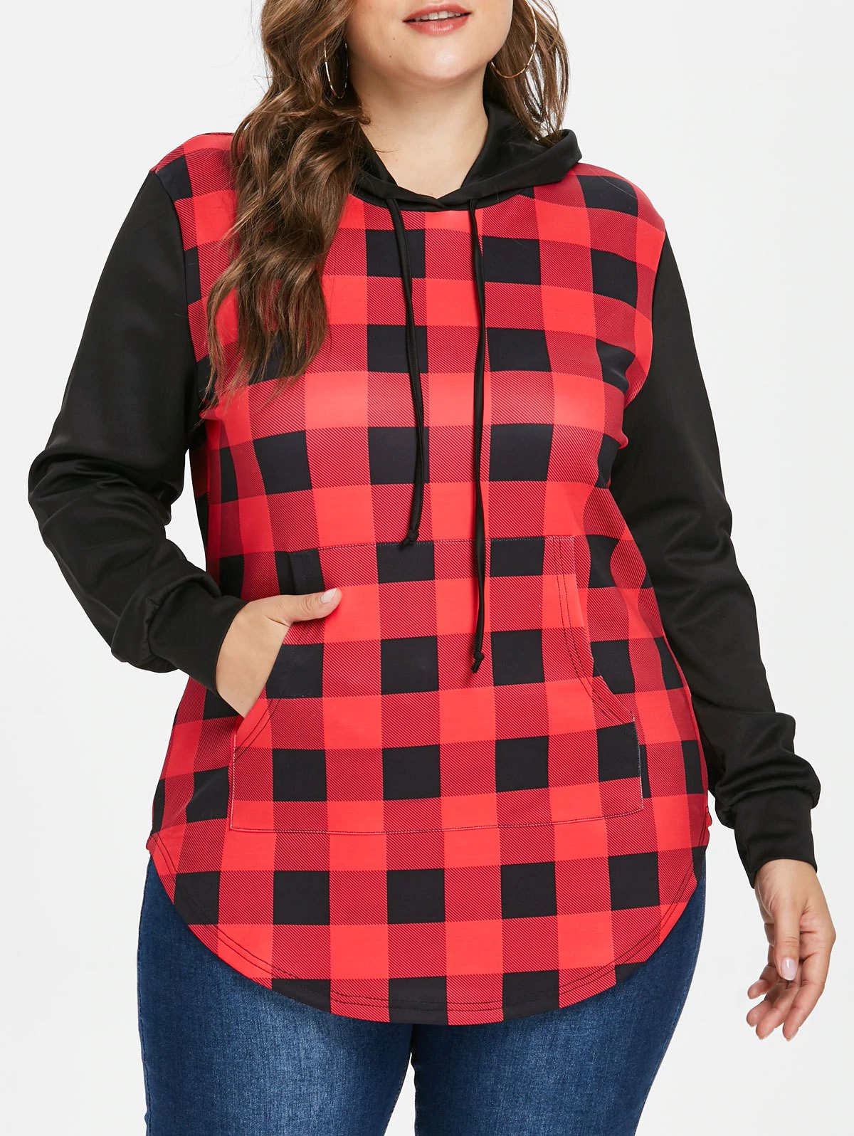 Plus Size Plaid Long Hoodie