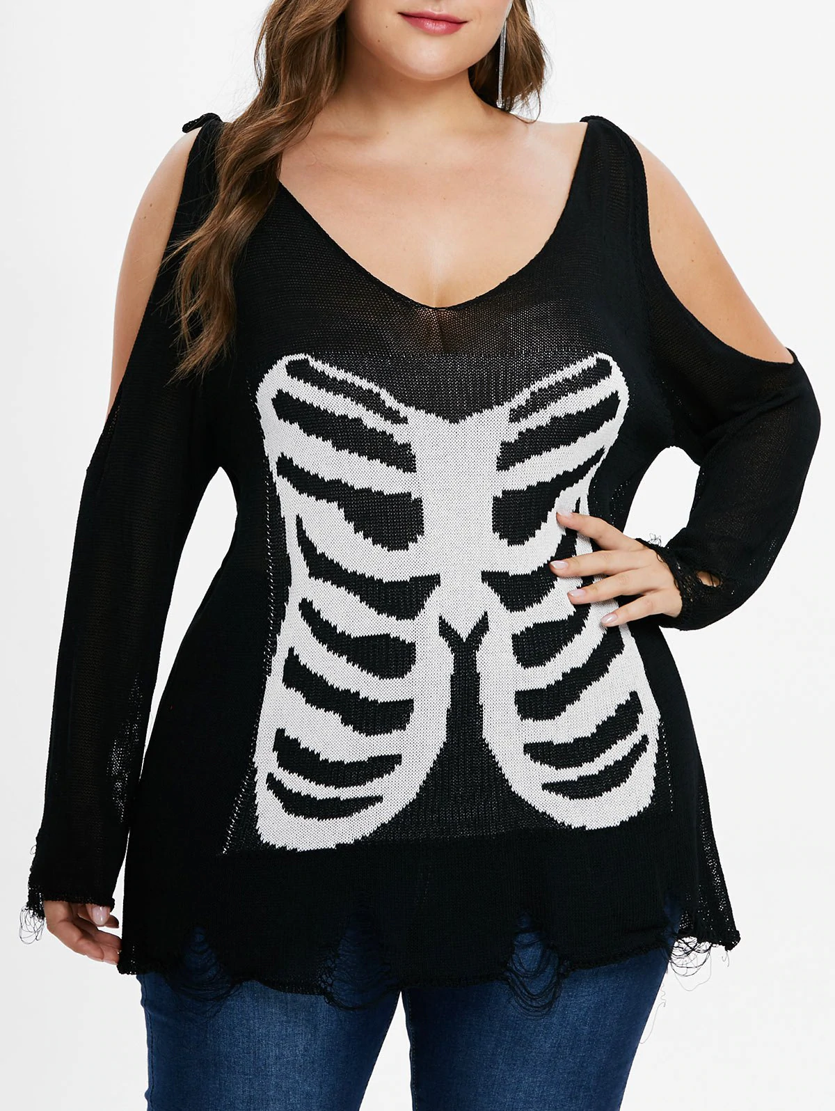 Plus Size Low Cut Torn Graphic Sweater