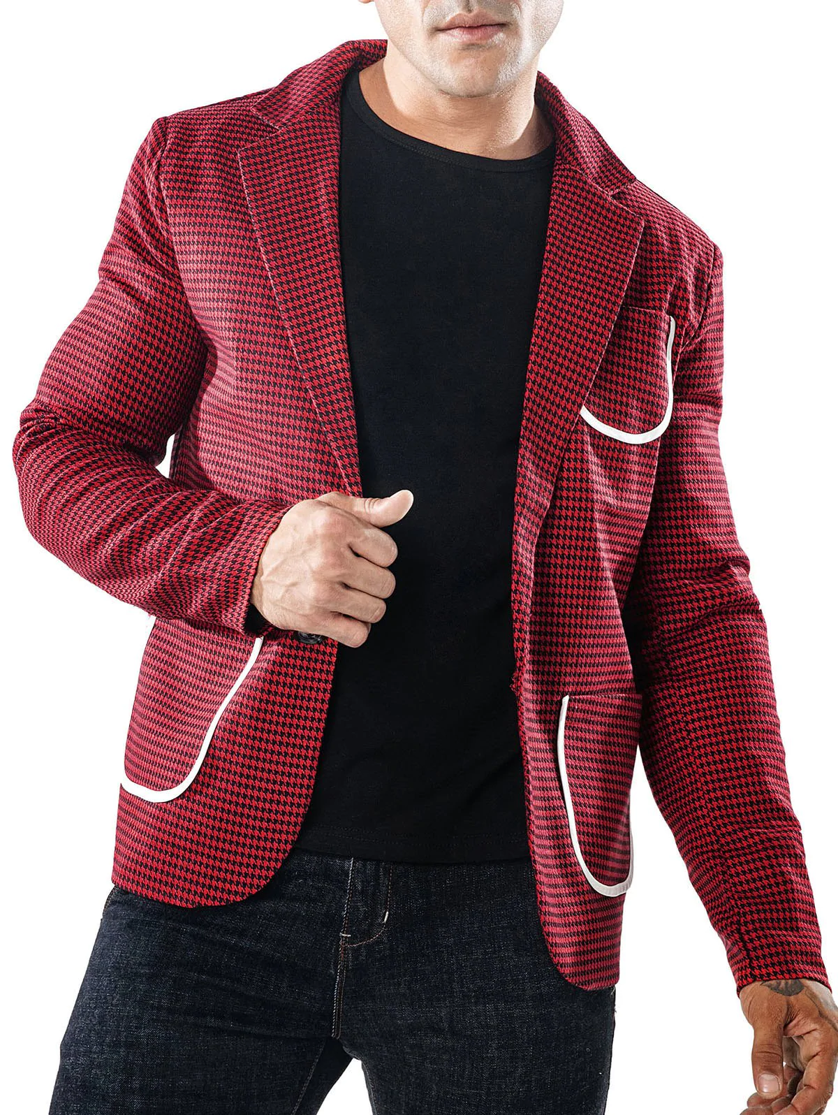 Slim Fit Bordure Pocket Houndstooth Blazer