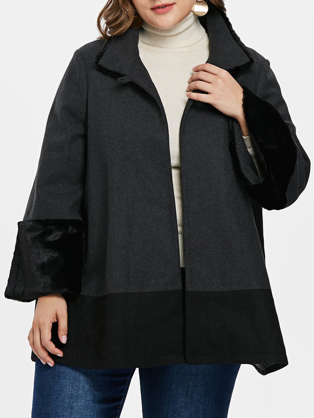 Plus Size Faux Fur Trim One Button Coat