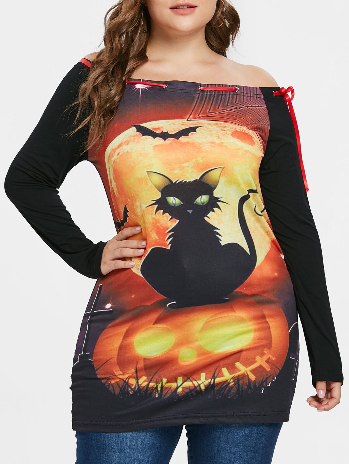 Plus Size Off Shoulder Printed Halloween Tunic T-shirt