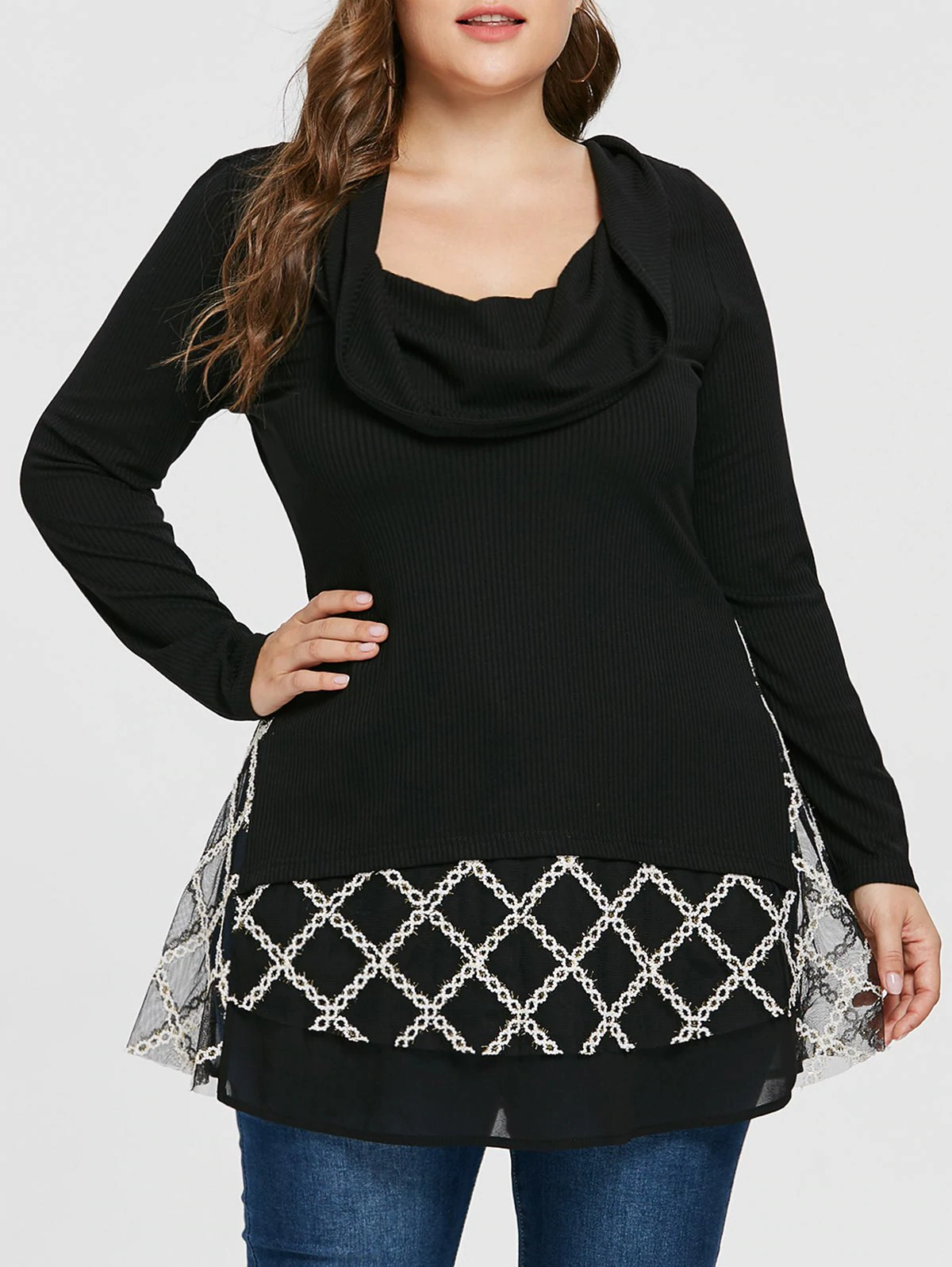 Plus Size Turtleneck Mesh Panel Ribbed Knitwear