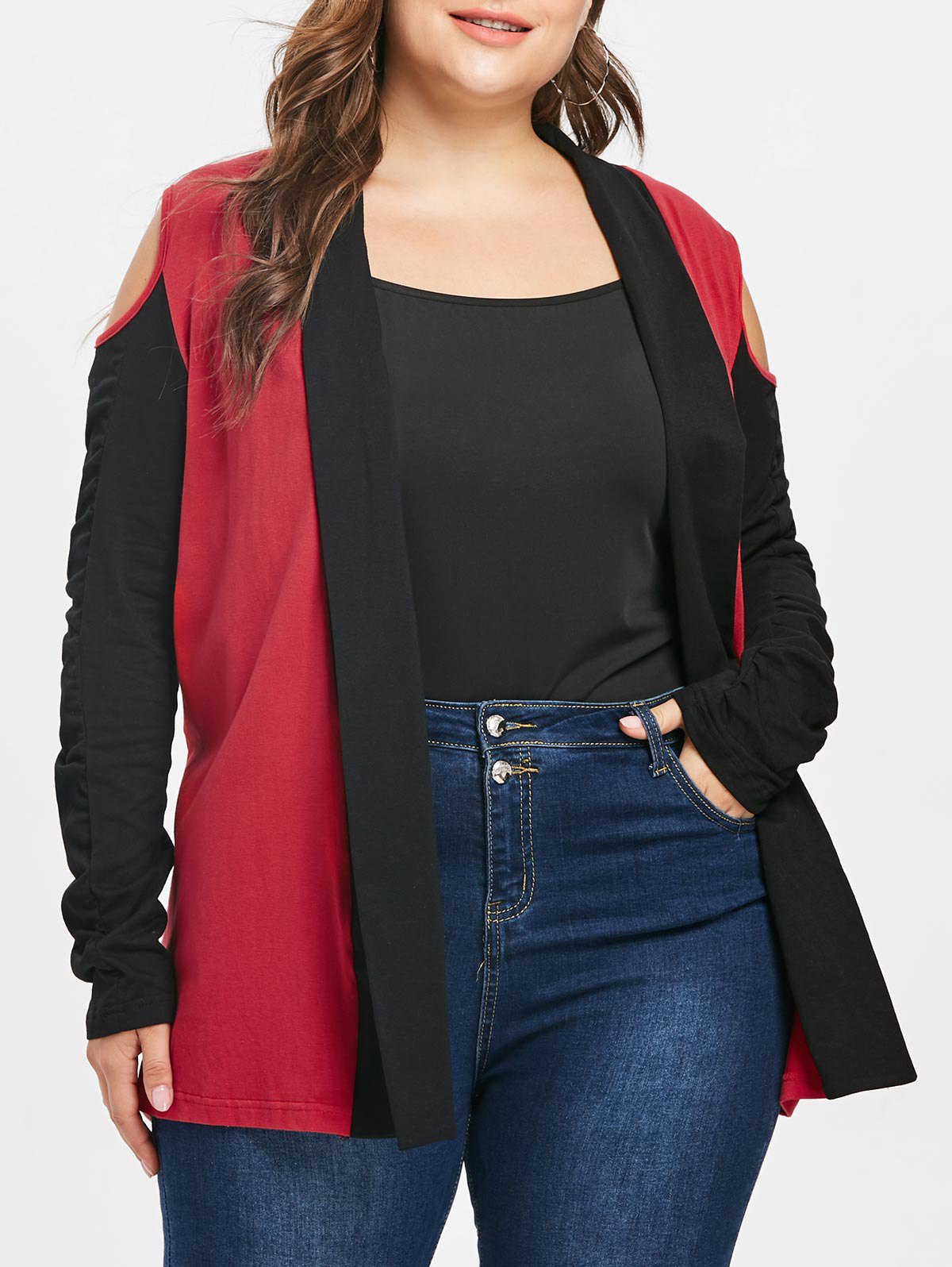 Plus Size Color Block Open Shoulder Jacket