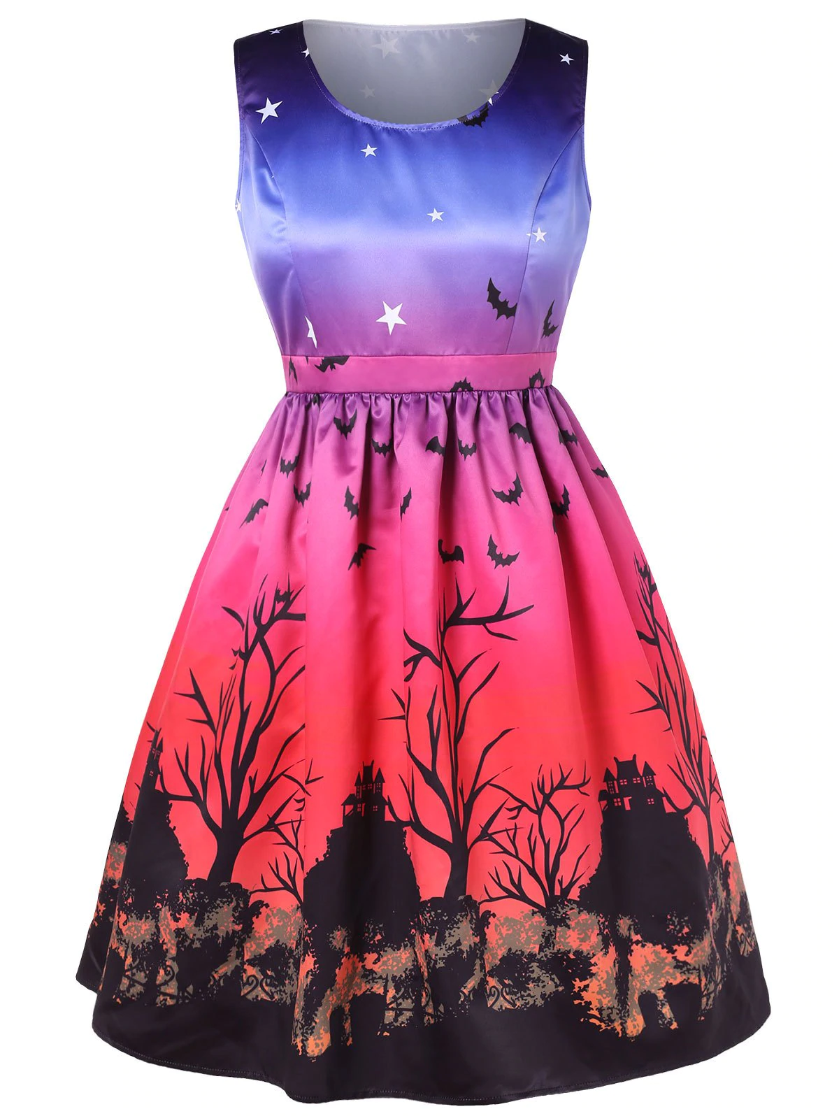 Plus Size Halloween Bat and Star Print A Line Dress