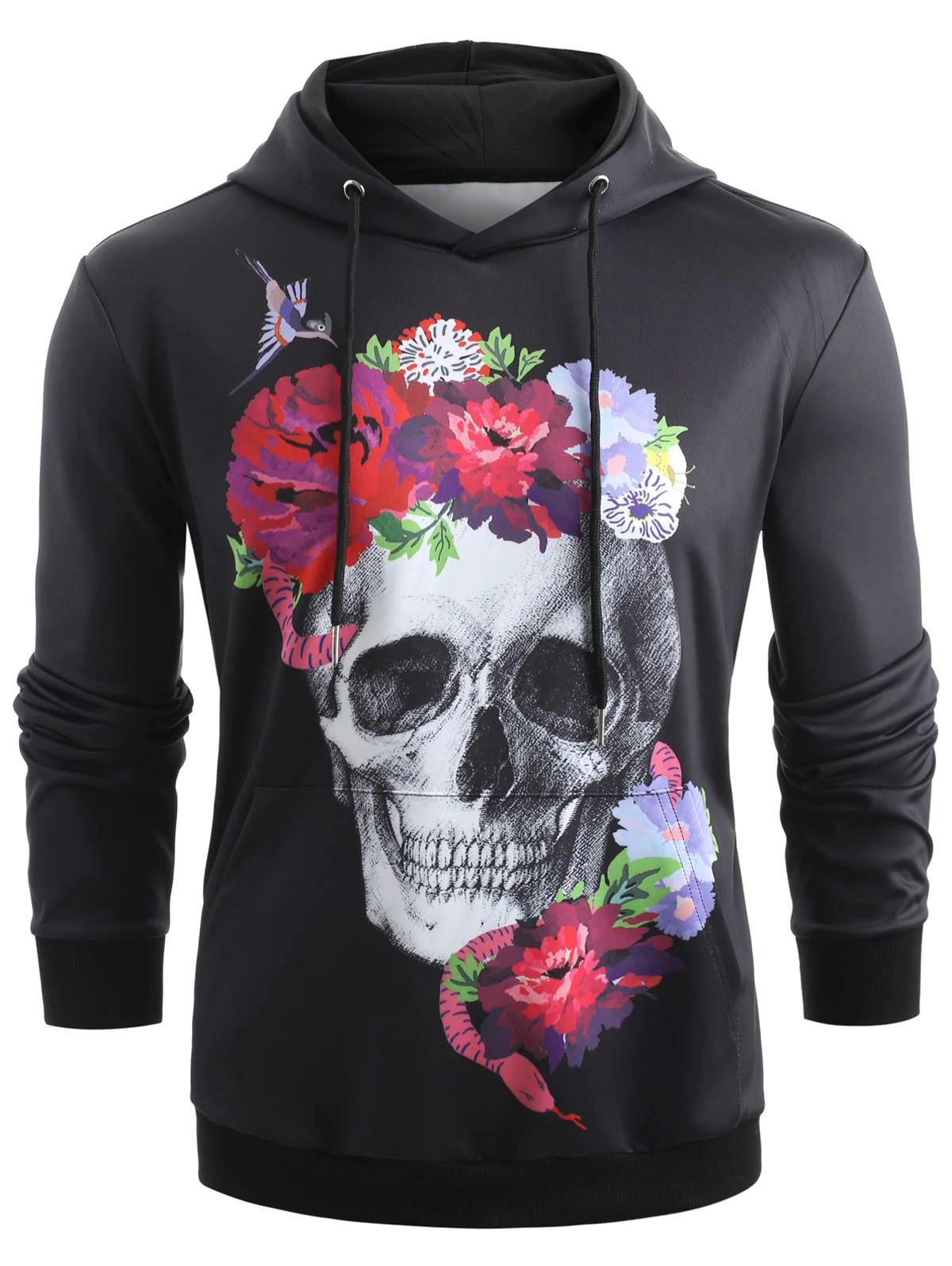 Halloween Flower Embellished Skull Print Casual Hoodie