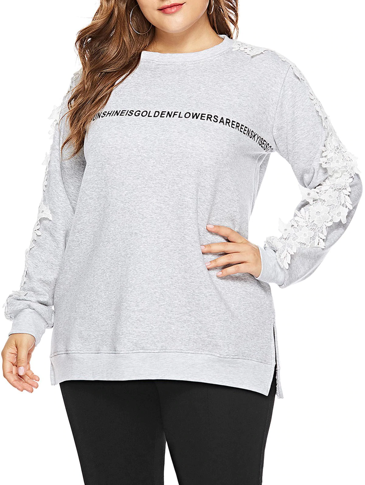 Plus Size Letter Pattern Lace Applique Sweatshirt