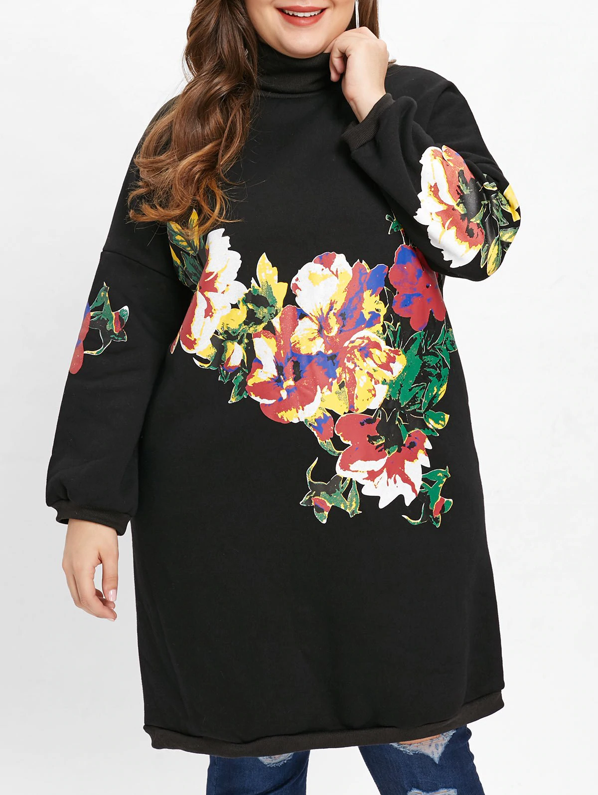 Plus Size Floral Print Turtleneck Sweatshirt