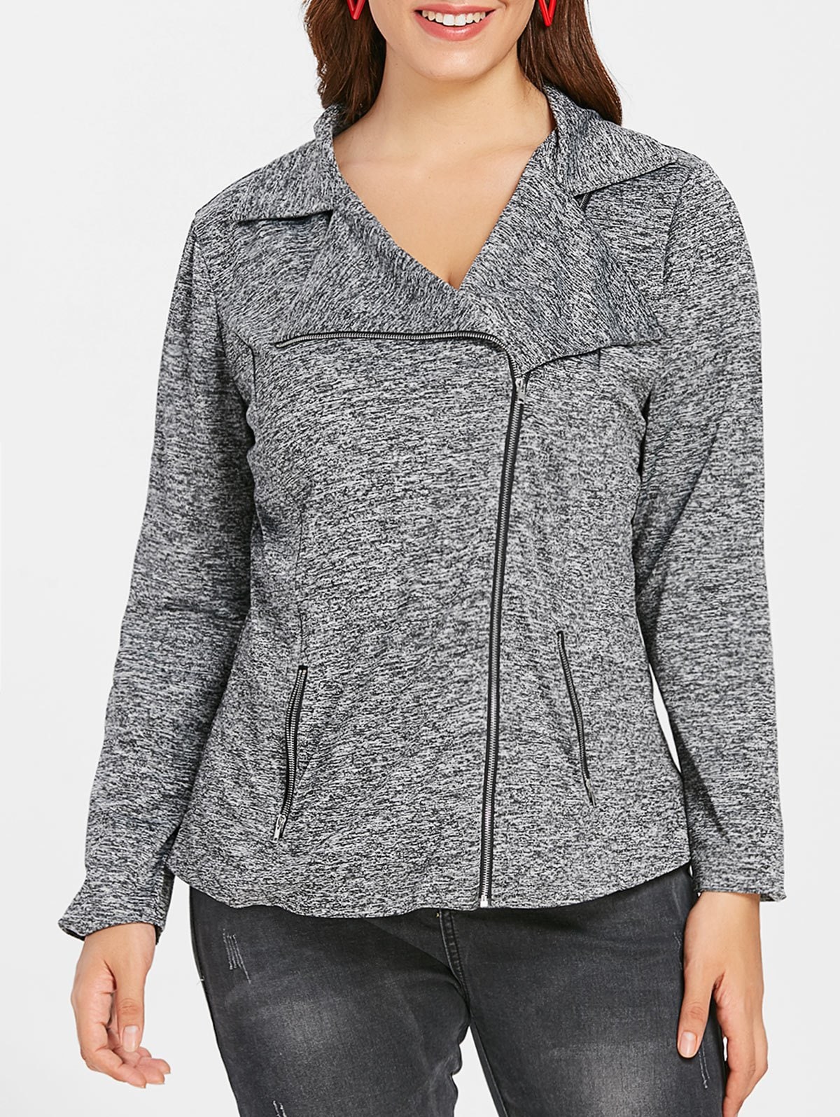 Plus Size Zip Fly Marled Jacket