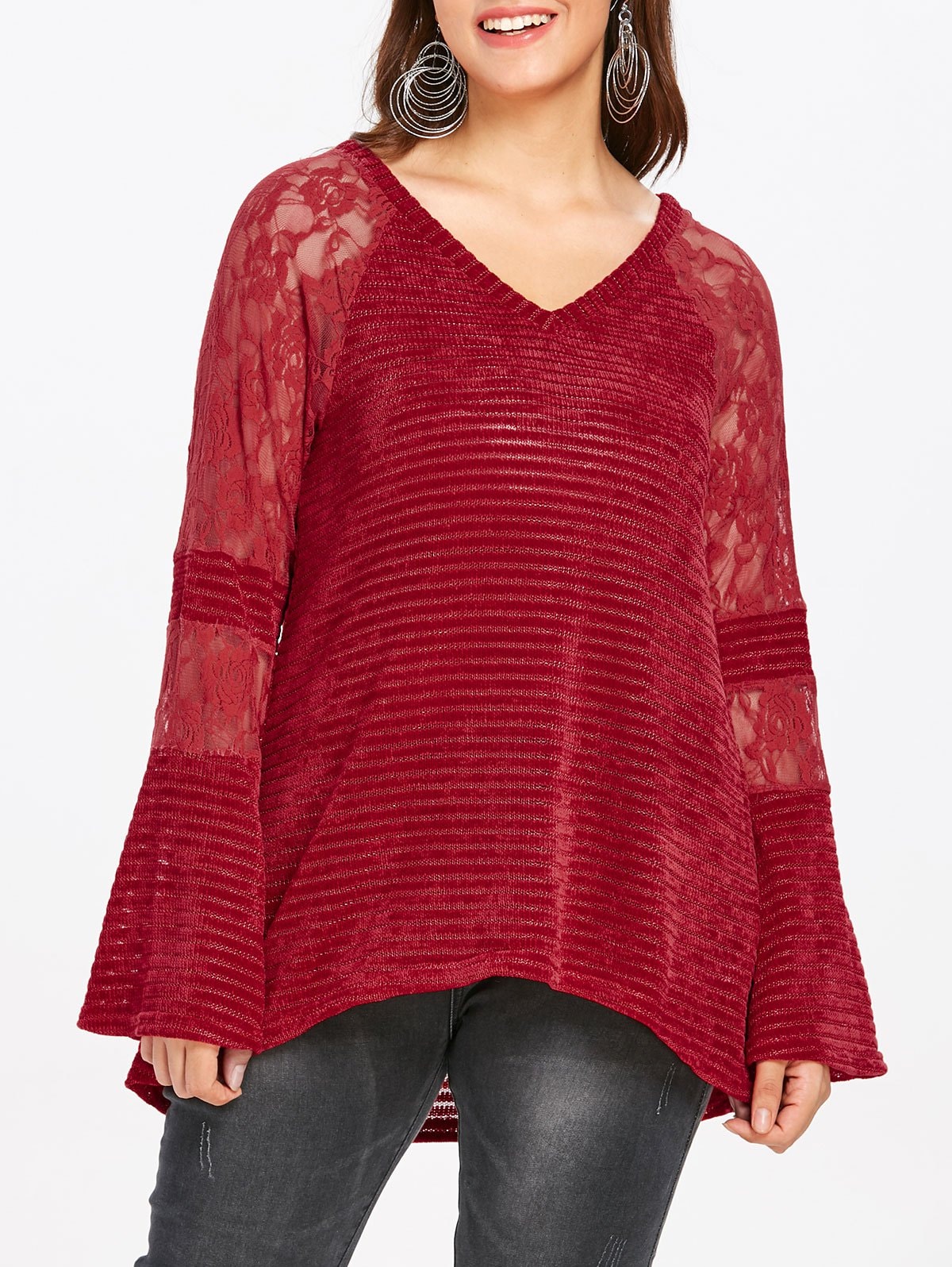 Plus Size Lace Panel Raglan Sleeve Knit Top