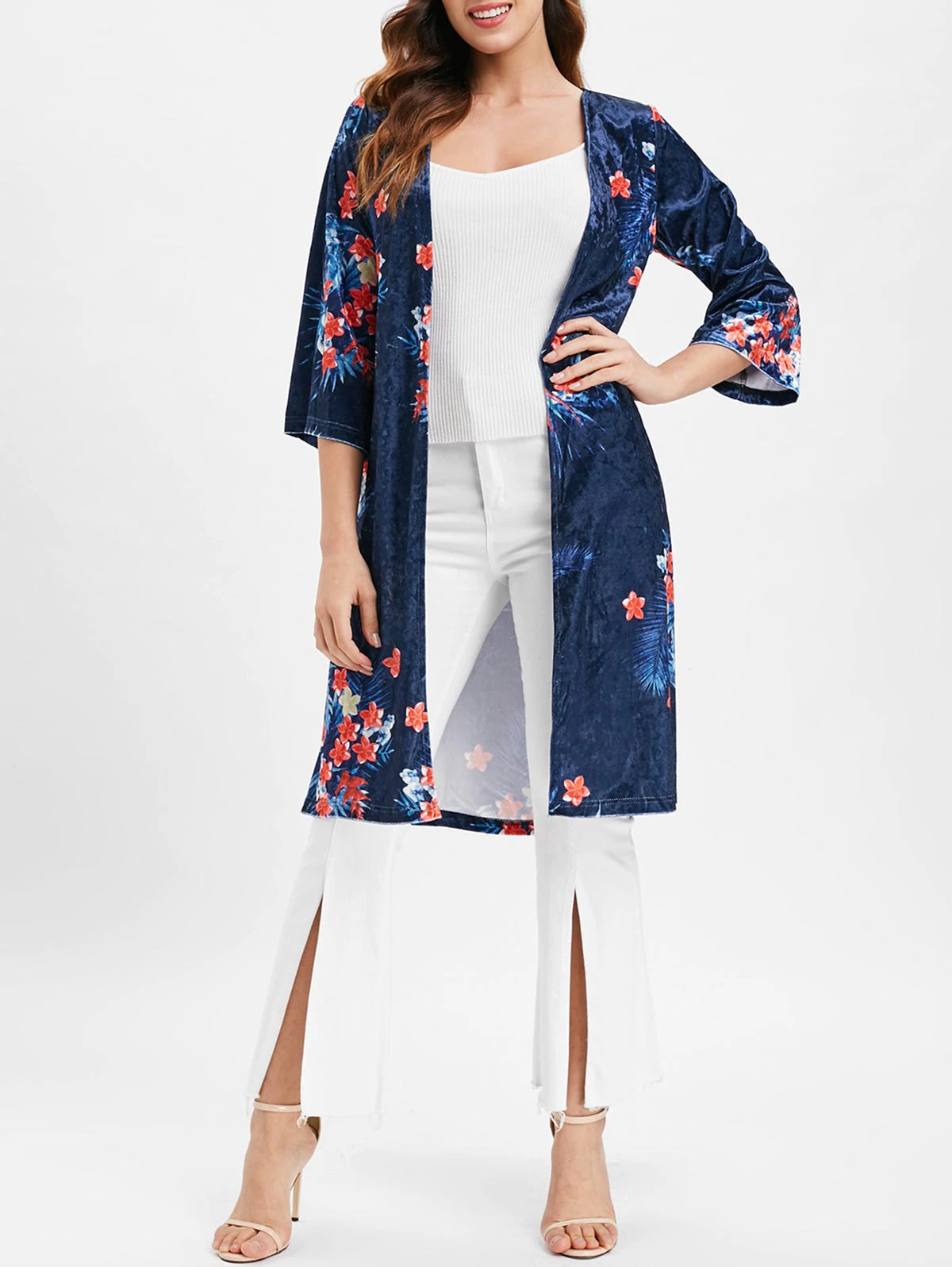 Floral Longline Velvet Coat with Open Front