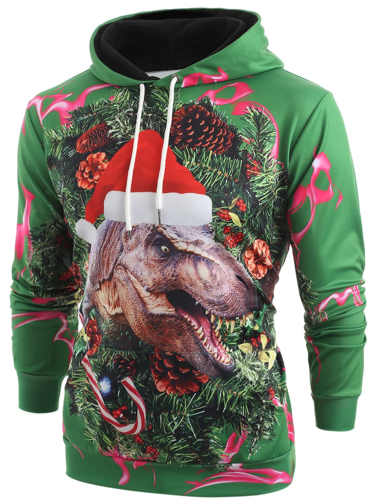 3D Christmas Dinosaur Print Kangaroo Pocket Hoodie