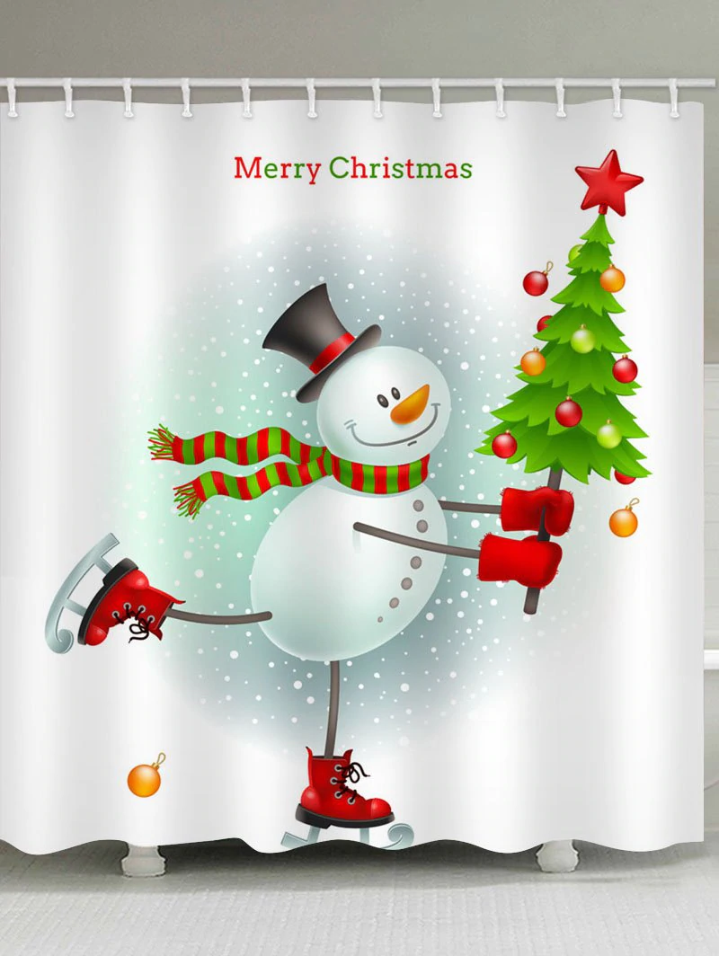 Snowman Hold Christmas Tree Print Bathroom Shower Curtains