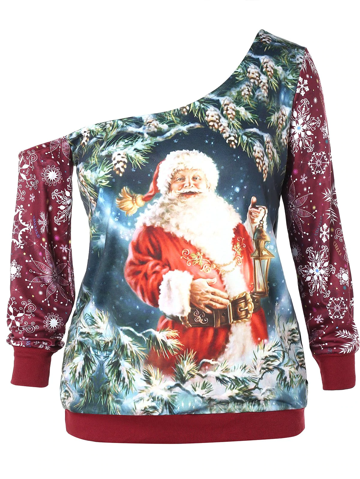 Plus Size Skew Neck Santa Claus Sweatshirt