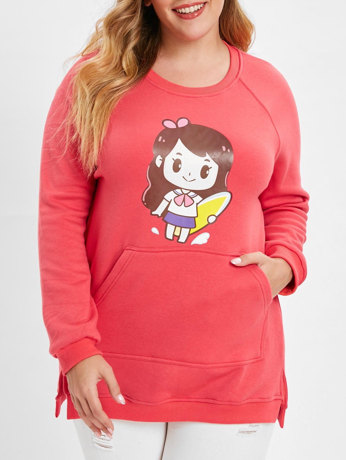 Plus Size Kangaroo Pocket Printed Sweatshirt