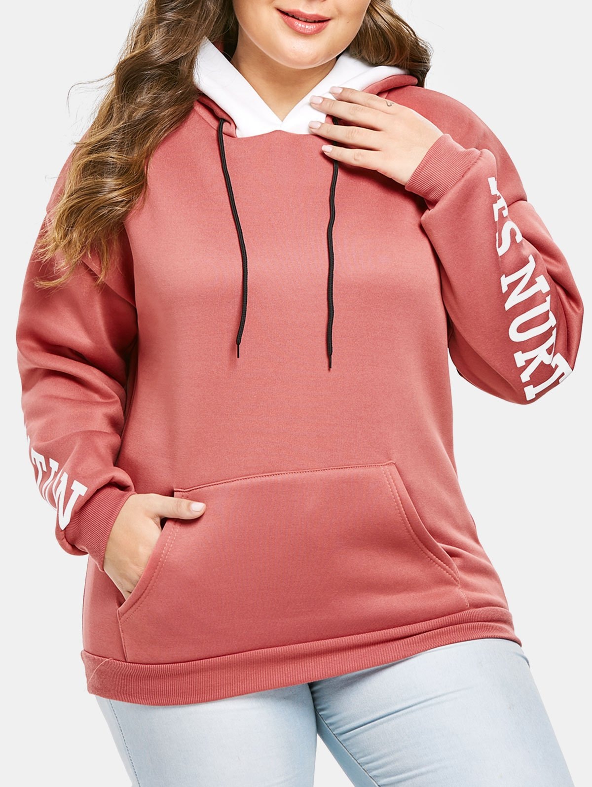 Plus Size Letters Front Pocket Pullover Hoodie