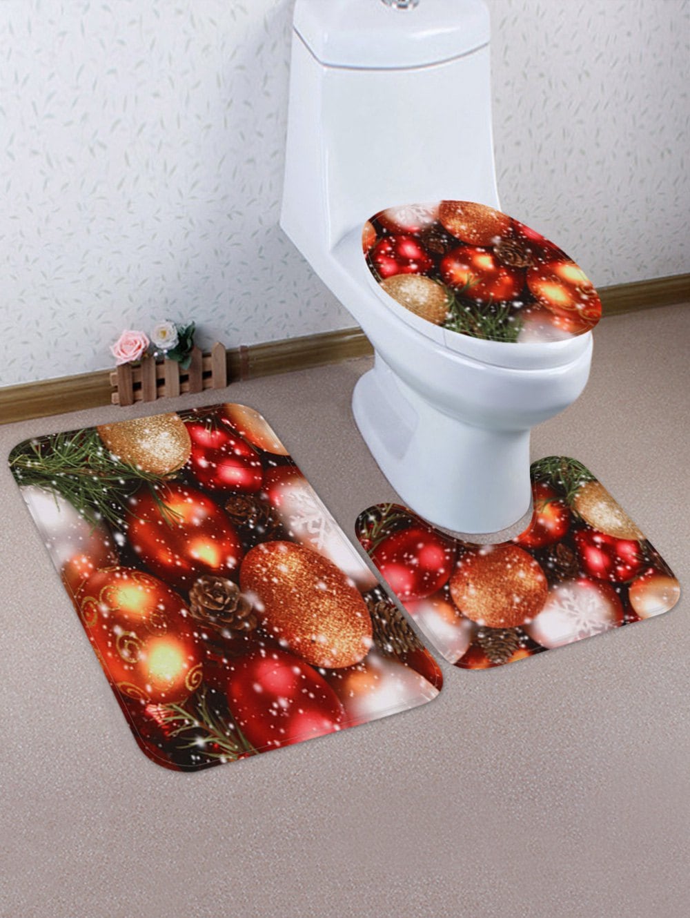 Christmas Balls Snowy Pattern 3 Pcs Bath Mat Toilet Mat