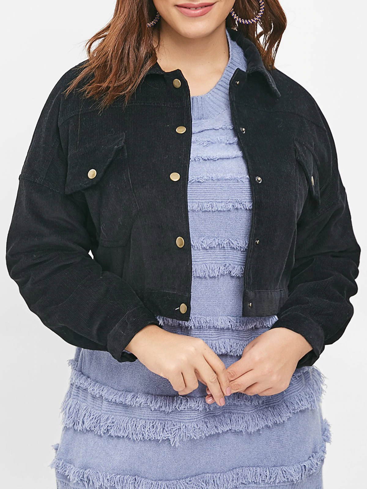 Front Pockets Plus Size Button Up Jacket