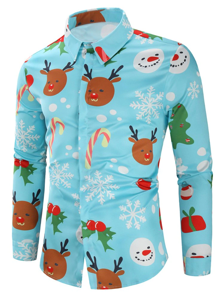 Christmas Candy Snowflakes Elk Print Casual Shirt