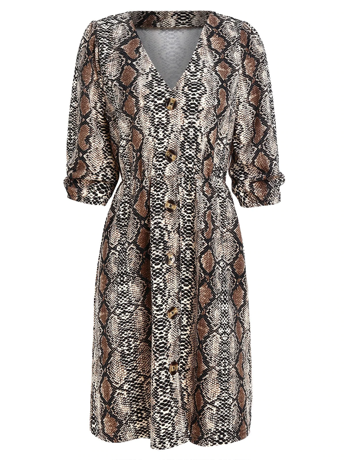 V Neck Button Snake Print Dress