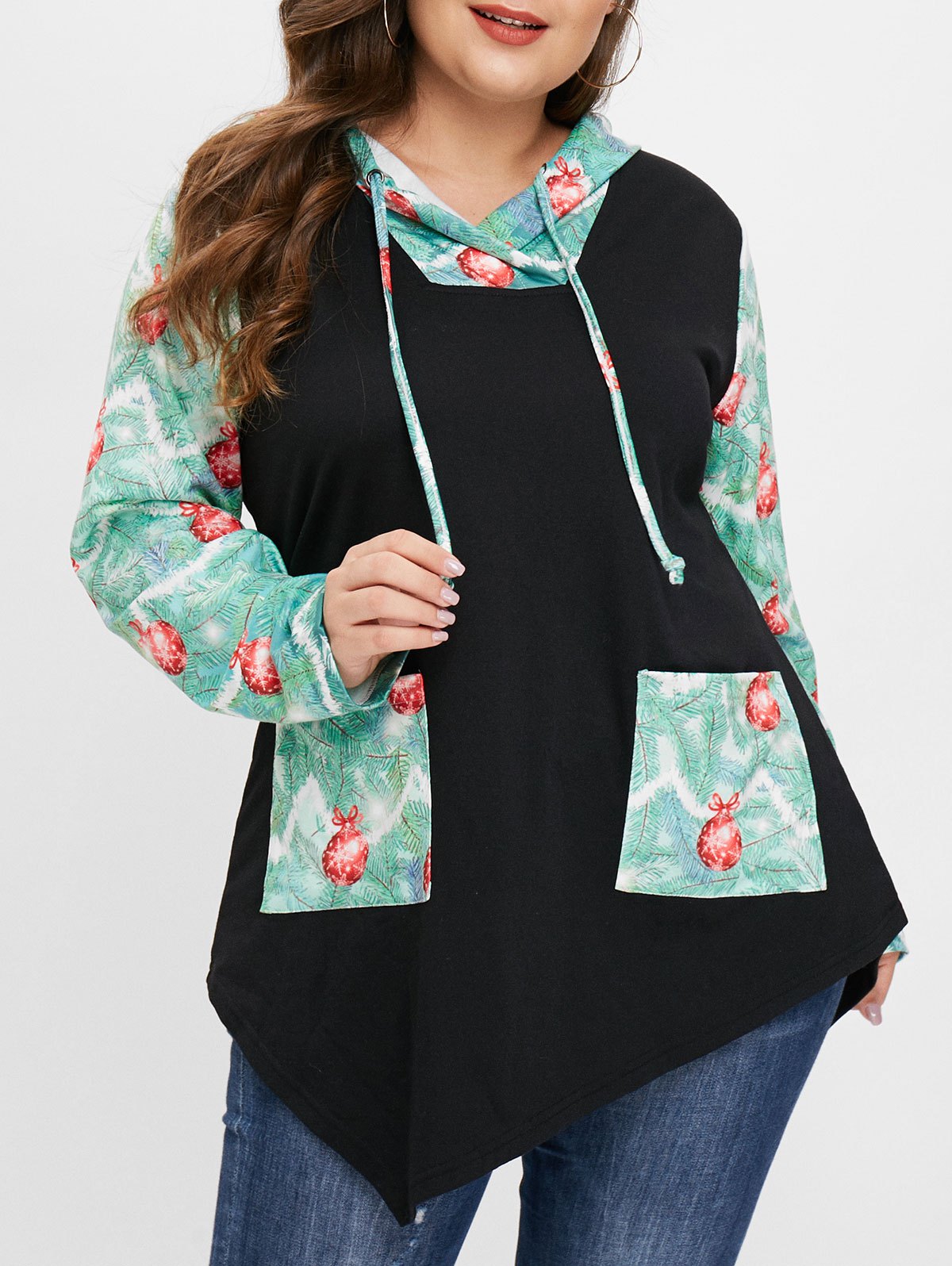 Jingle Bell Print Front Pockets Plus Size Hoodie