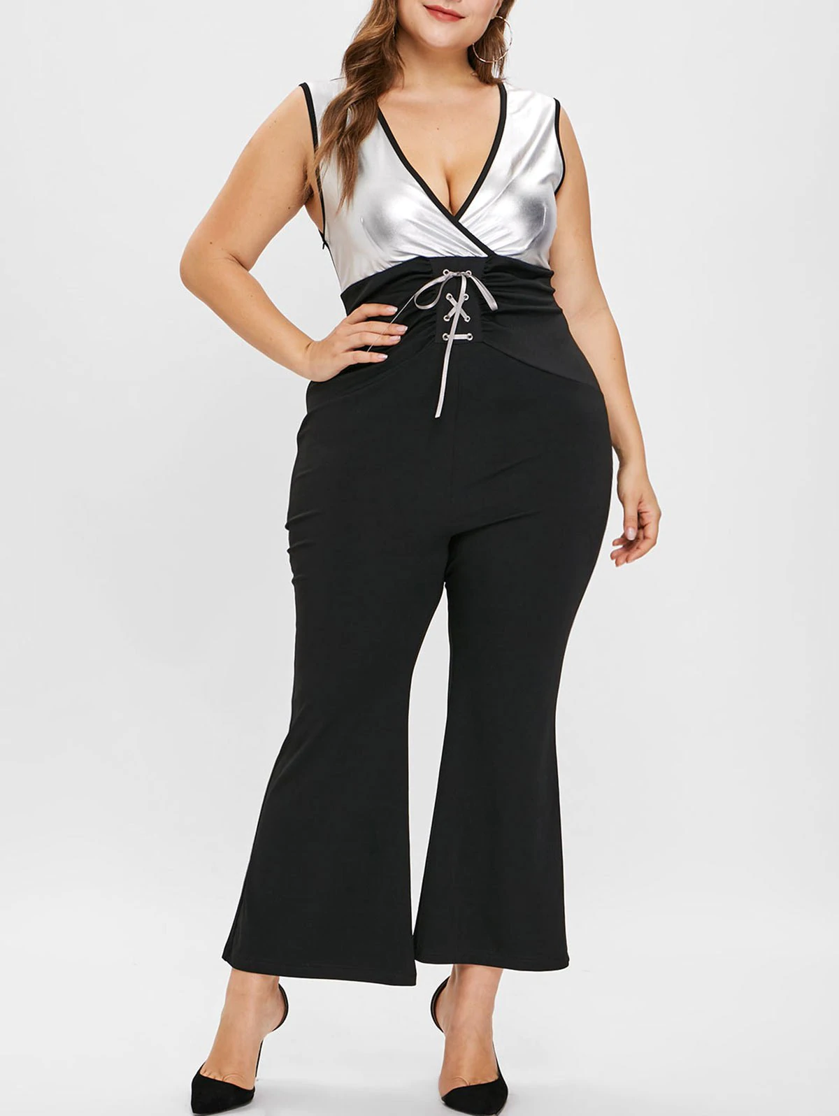 Plus Size Contrast Flare Jumpsuit with Lace Up