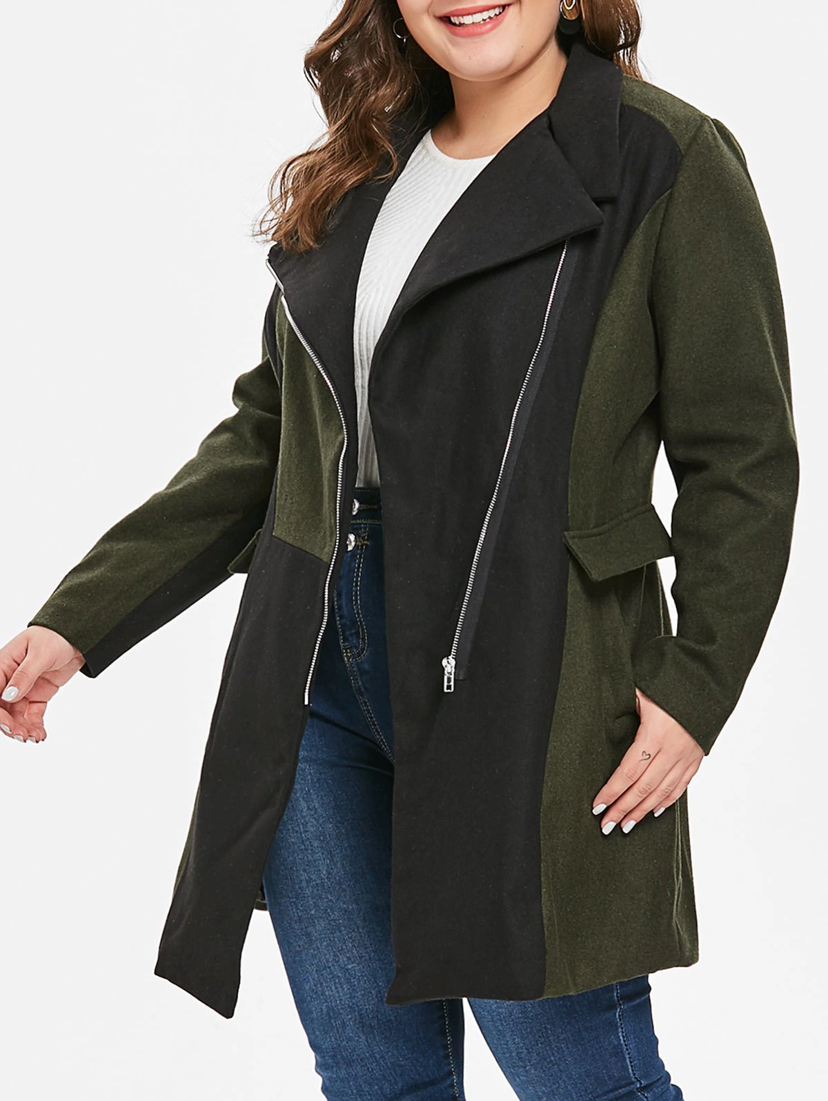 Plus Size Color Block Woollen Coat