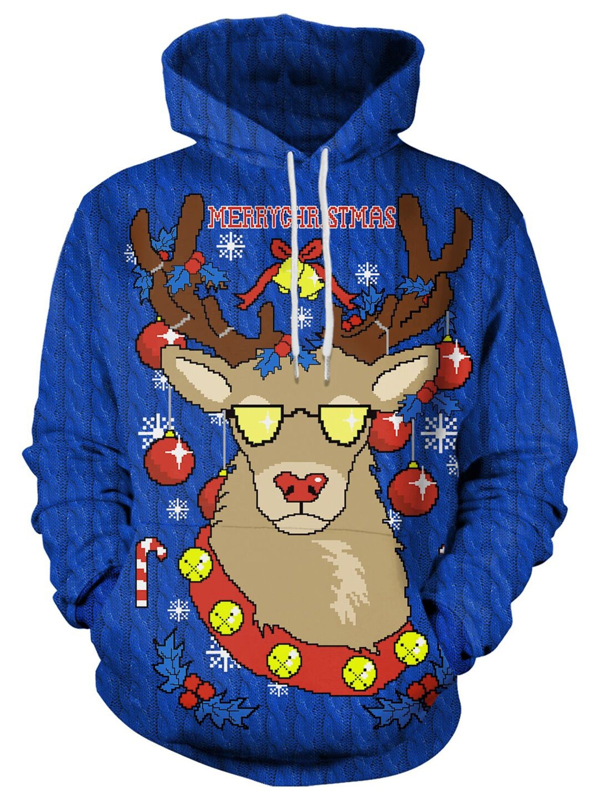 Drawstring Christmas Elk Print Hoodie