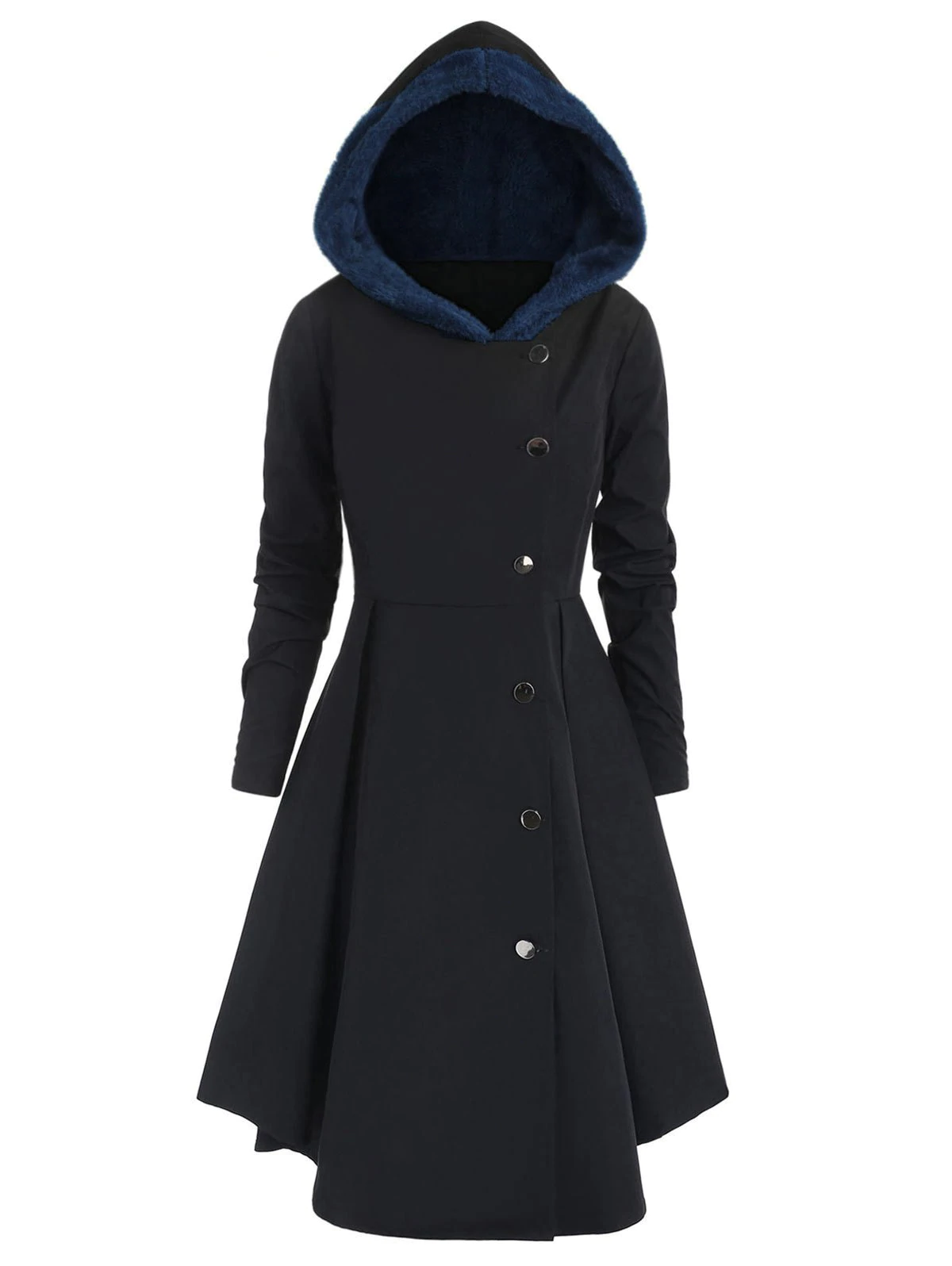 Plus Size Asymmetric Contrast Hooded Skirted Coat