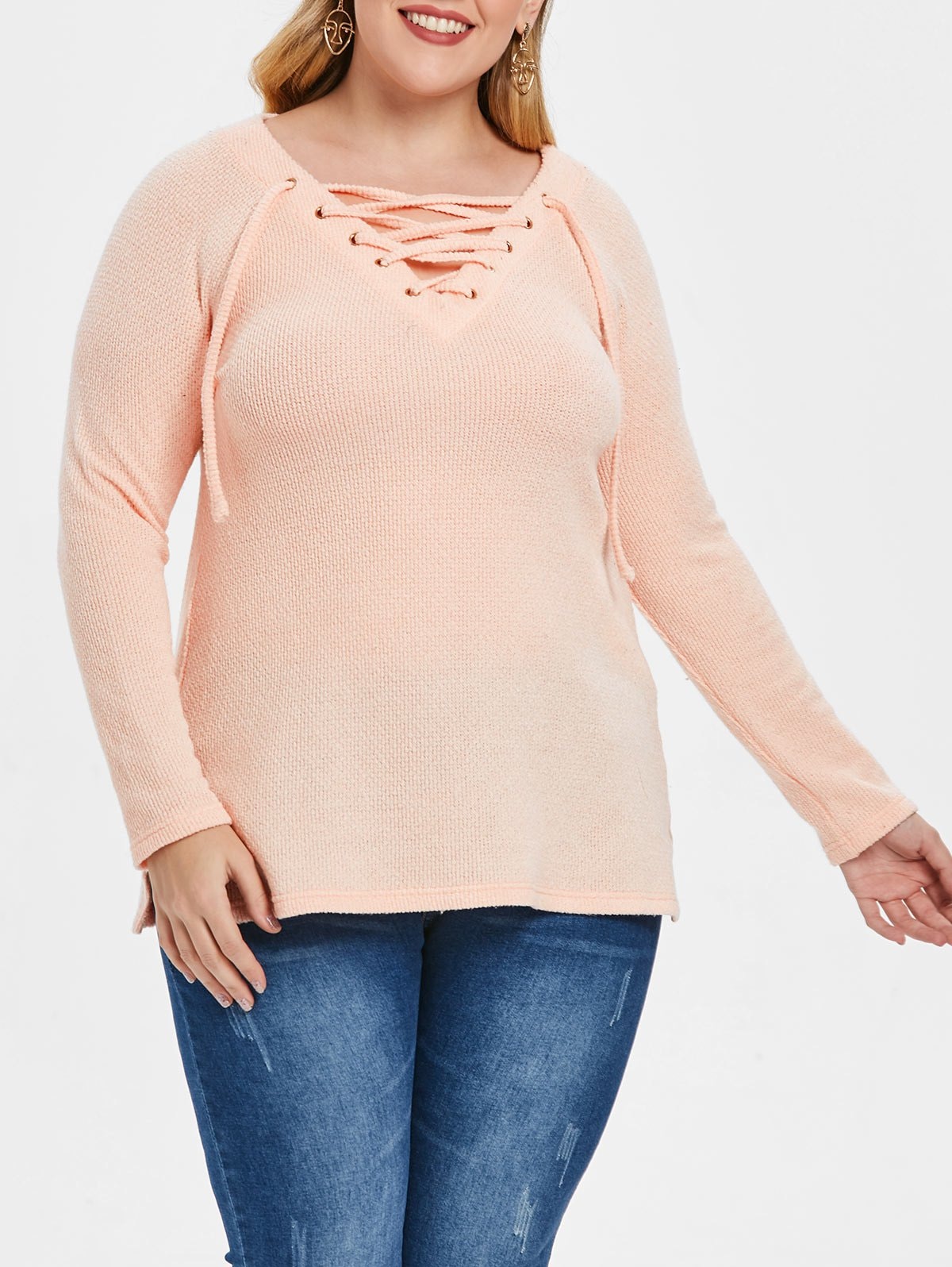 Lace Up Plus Size Raglan Sleeve Sweater