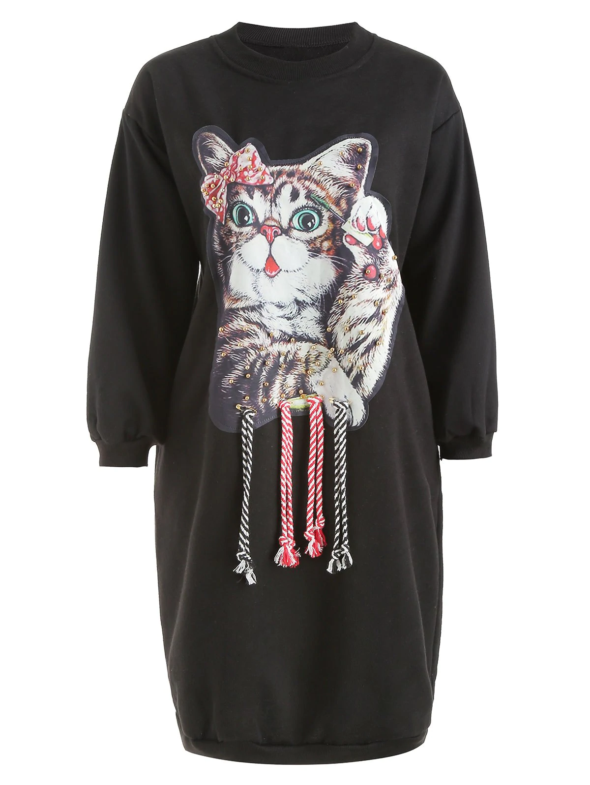 Crew Neck Beaded Cat Print Graphic Sweatshirt