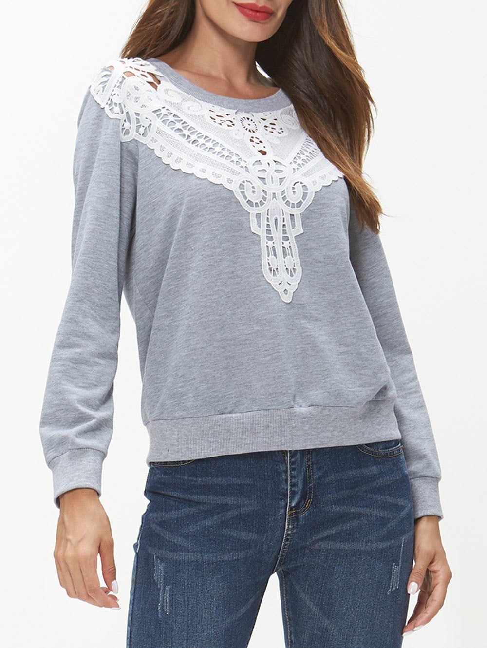 Lace Insert Long Sleeve Sweatshirt