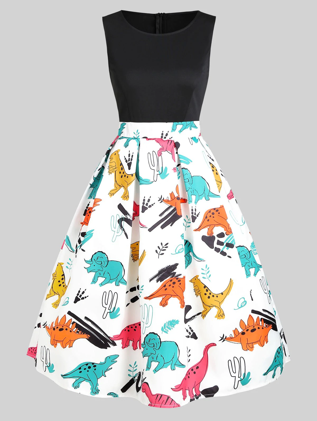 Round Neck Dinosaur Print Flare Dress