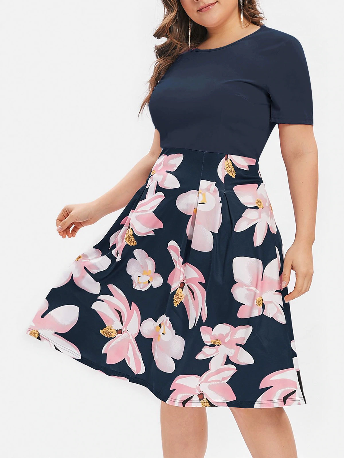 Plus Size Flower Print A Line Dress