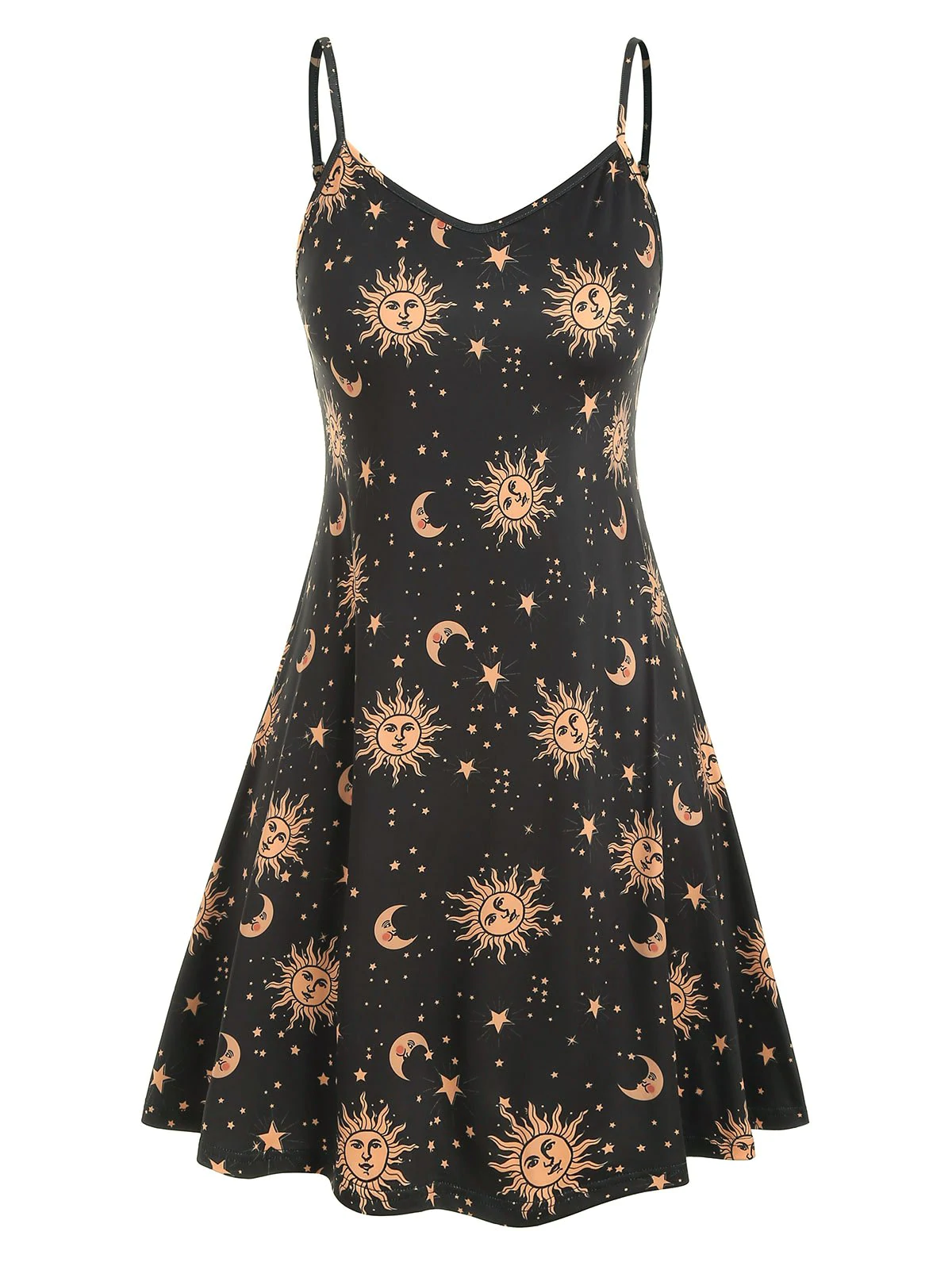 Sun Stars Moon Print Plus Size Trapeze Dress