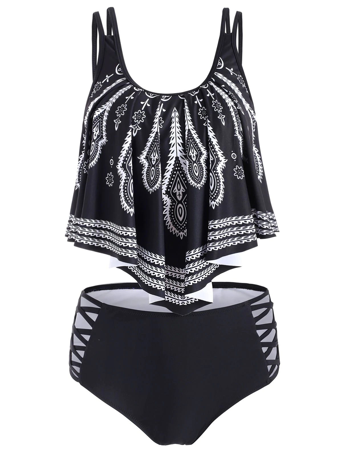 Ethnic Criss Cross Flounce Overlay Tankini Swimsuit